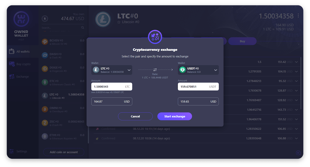 How to exchange currencies in OWNR Wallet