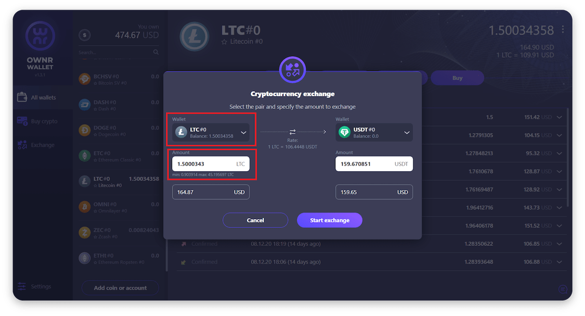 How to exchange currencies in OWNR Wallet